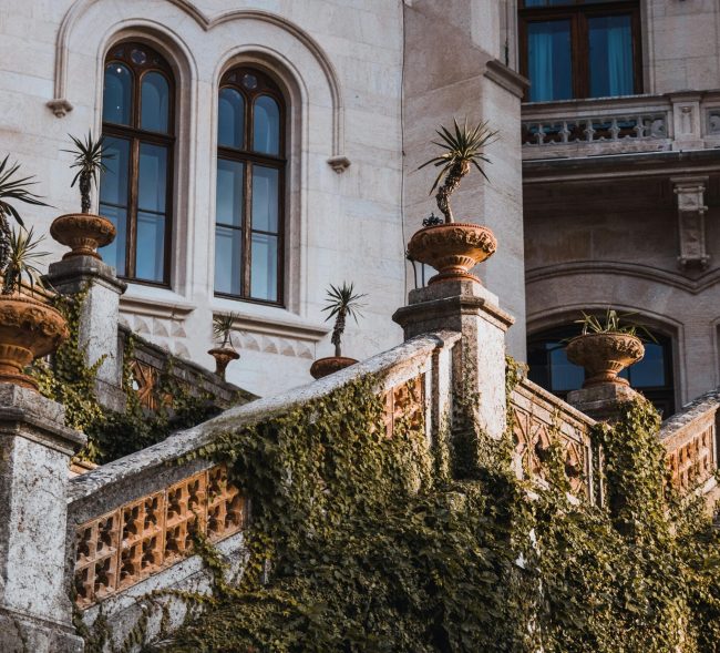 Historic villa exterior with ivy-clad stone staircase and potted plants.
